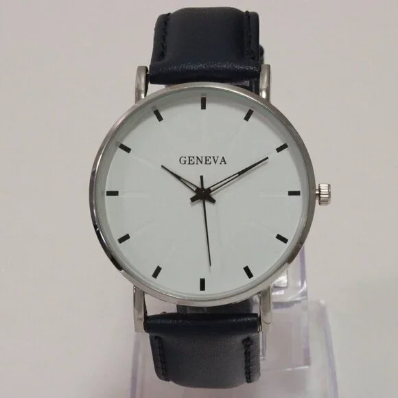 Men's Minimalist Fashion Watch Silver Case White Dial Navy Blue Strap 40mm - Picture 3 of 13